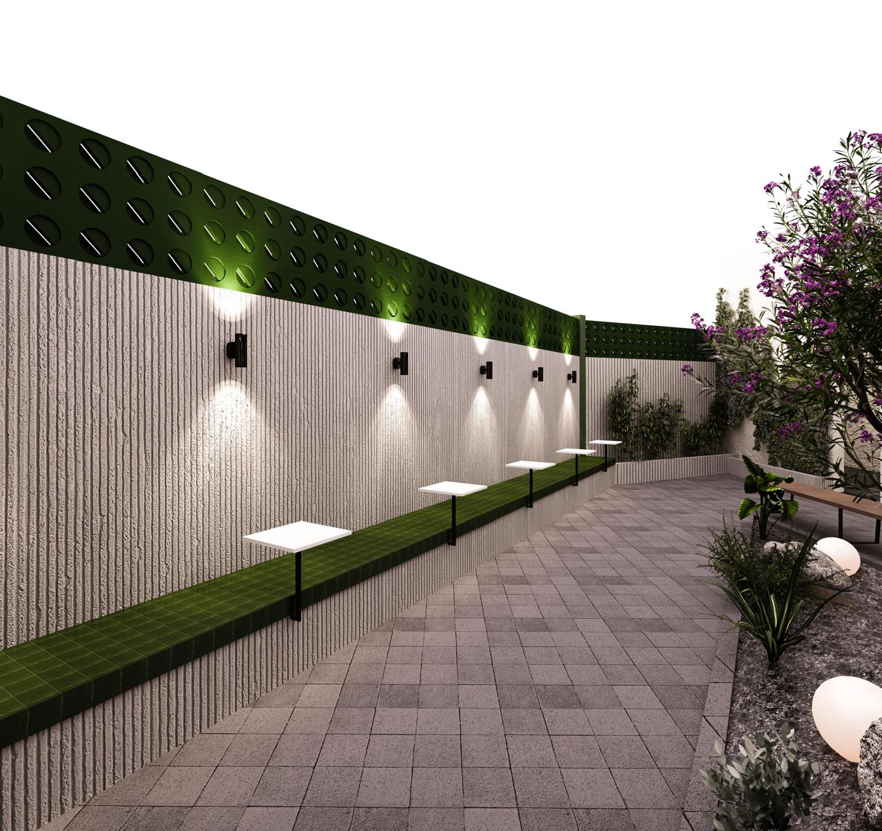 Interior taman YANAGAWA dengan pergola kayu dan pohon berbunga
